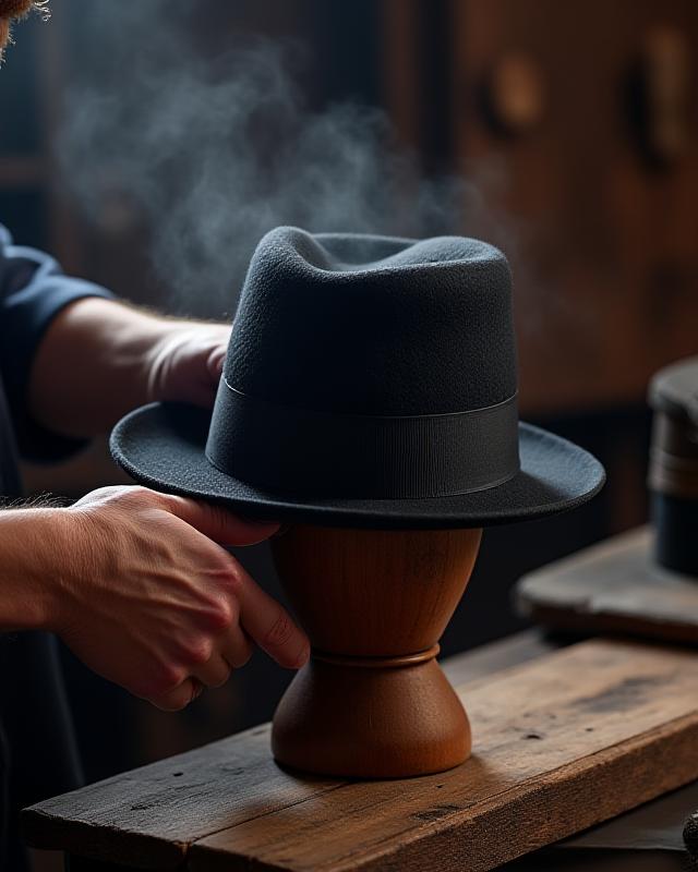 伝統的な道具を使って帽子を仕立てる職人の手元